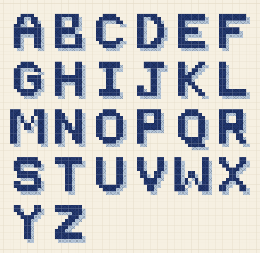 Cross stitch alphabet sampler chart with all 26 capital letters laid out in rows