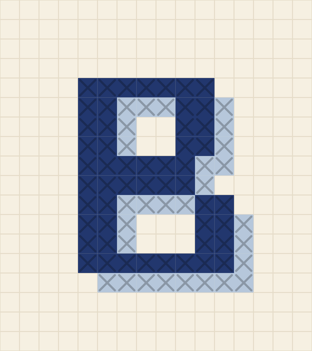Capital letter B cross stitch alphabet chart with two stacked bowls on one stem
