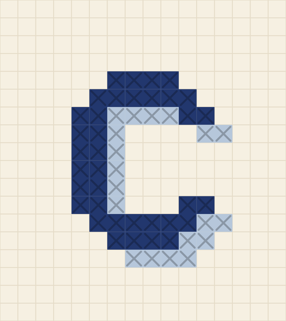 Capital letter C cross stitch alphabet chart drawn as an open horseshoe