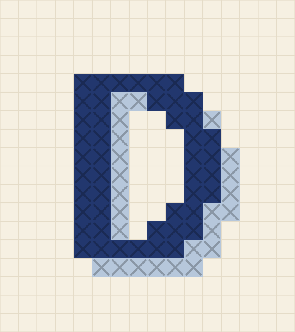 Capital letter D cross stitch alphabet chart with a straight stem and a stepped bowl