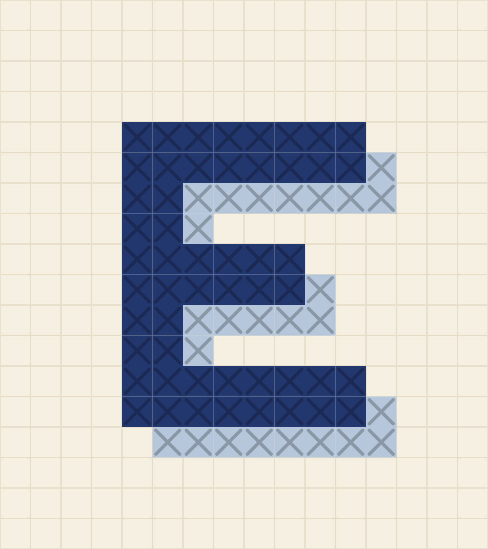 Capital letter E cross stitch alphabet chart with three arms and a short waist arm