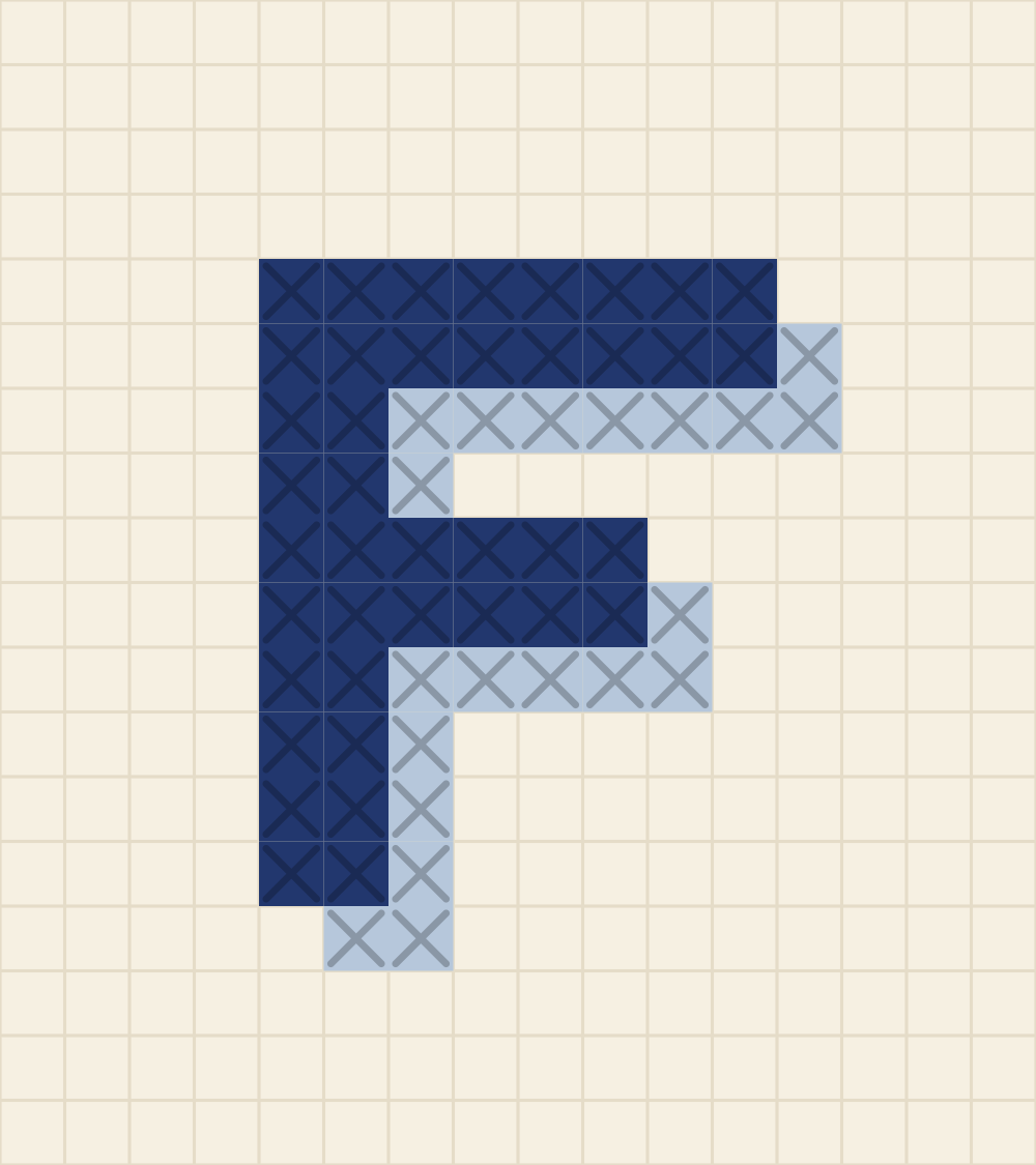 Capital letter F cross stitch alphabet chart with a top arm and a waist arm