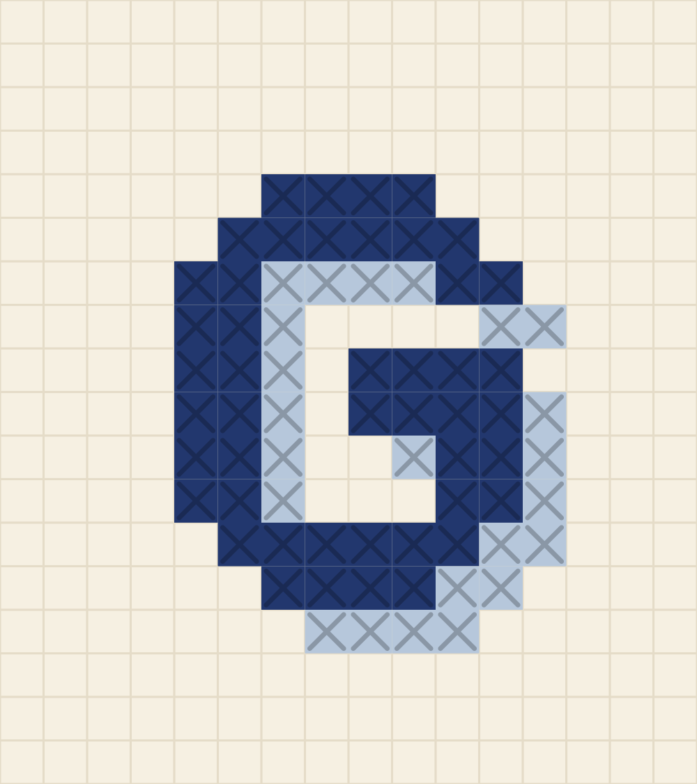 Capital letter G cross stitch alphabet chart with a spur bar and a short right stem