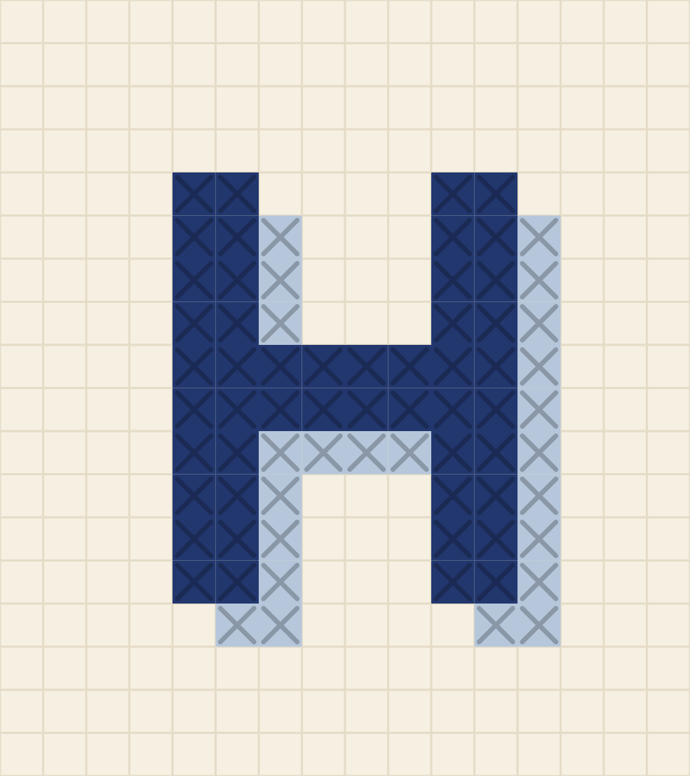 Capital letter H cross stitch alphabet chart with two stems and a waist crossbar