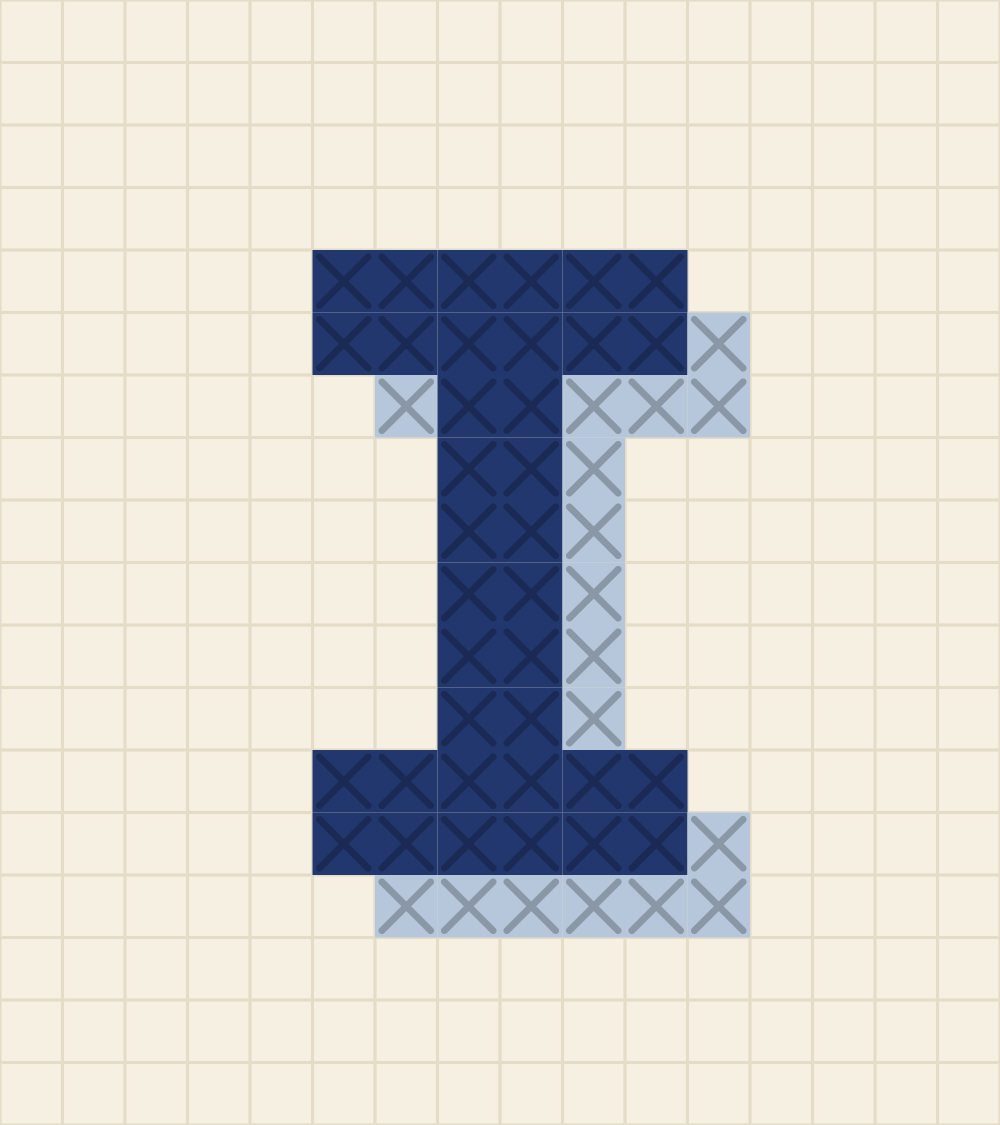 Capital letter I cross stitch alphabet chart with slab bars at the top and foot