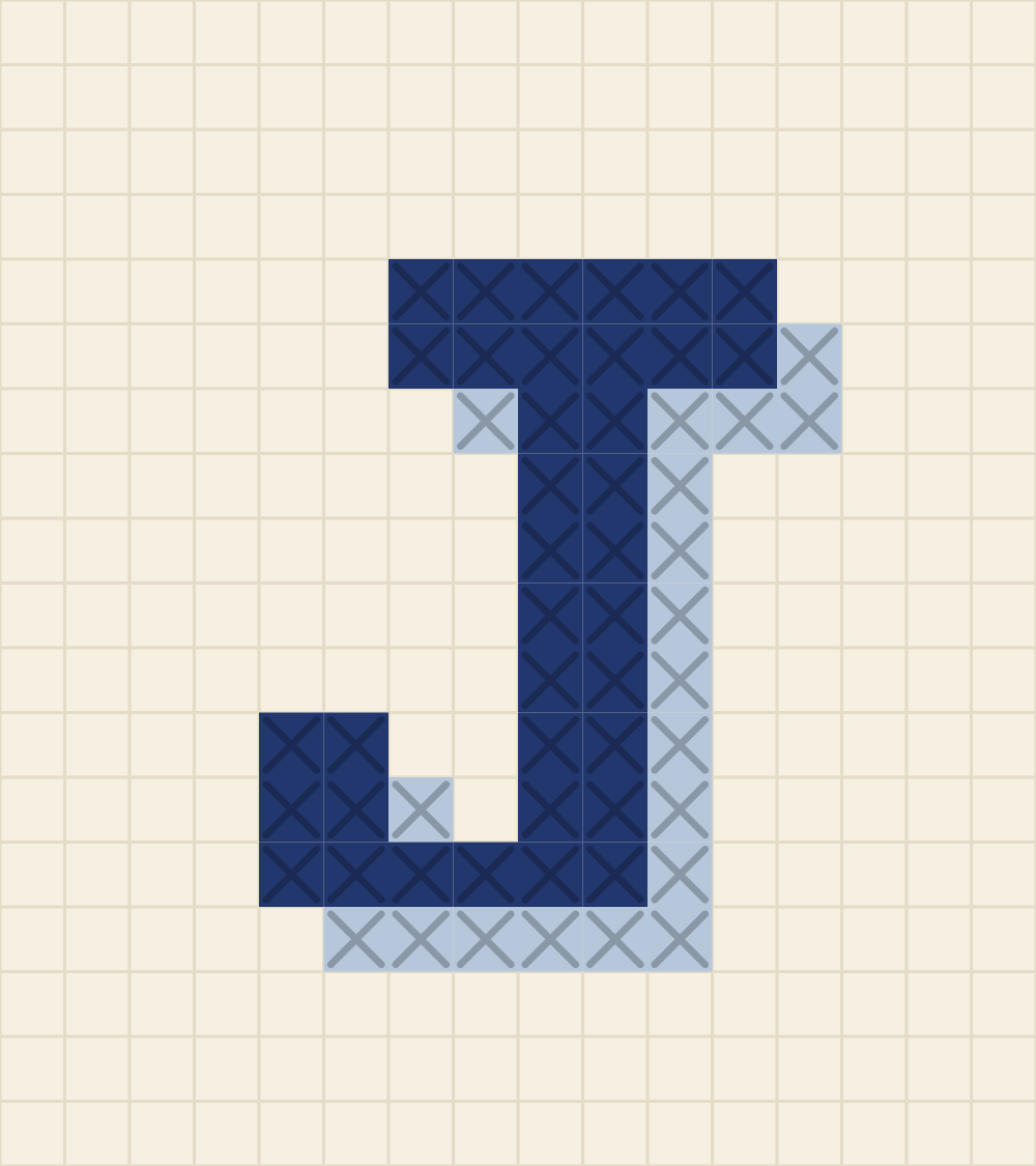 Capital letter J cross stitch alphabet chart with a top slab bar and a left hook
