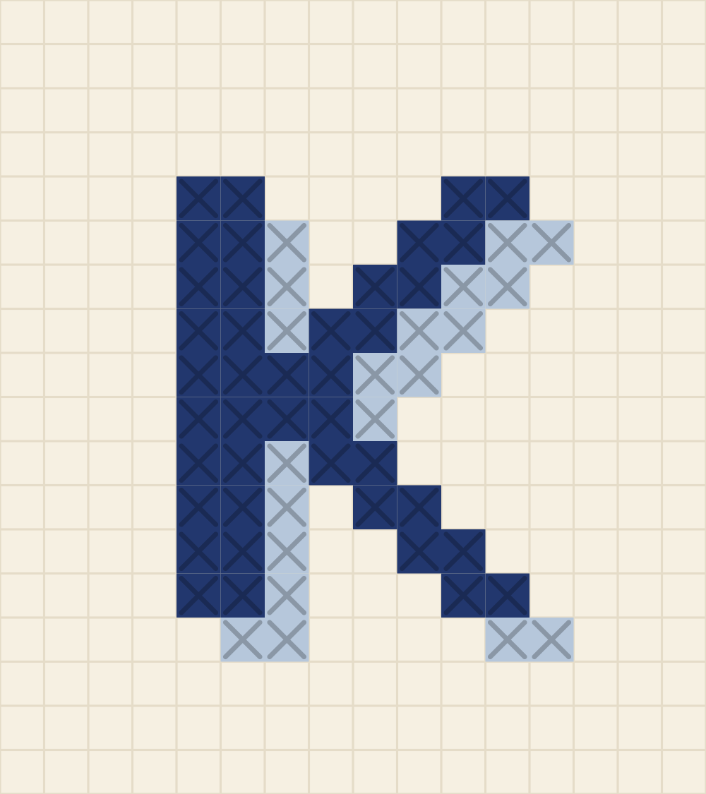 Capital letter K cross stitch alphabet chart with an arm and a leg meeting the stem