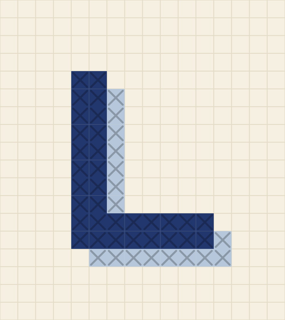 Capital letter L cross stitch alphabet chart with one stem and a full width foot