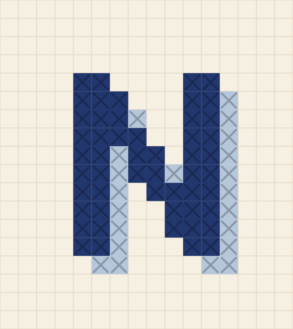 Capital letter N cross stitch alphabet chart with a stepped diagonal between two stems