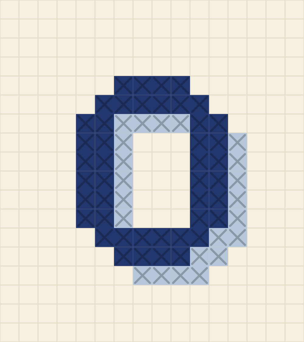 Capital letter O cross stitch alphabet chart drawn as a closed rounded ring