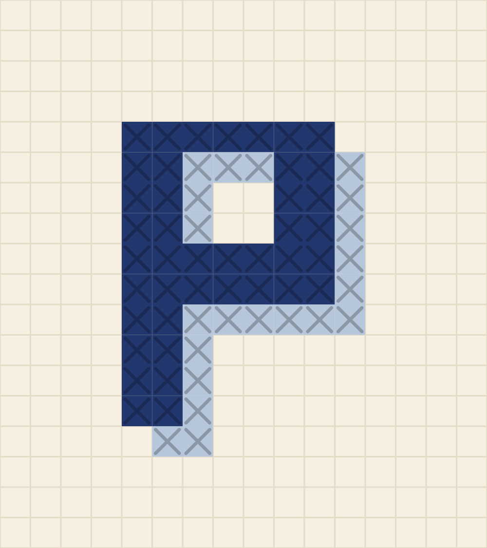 Capital letter P cross stitch alphabet chart with one bowl on the upper stem