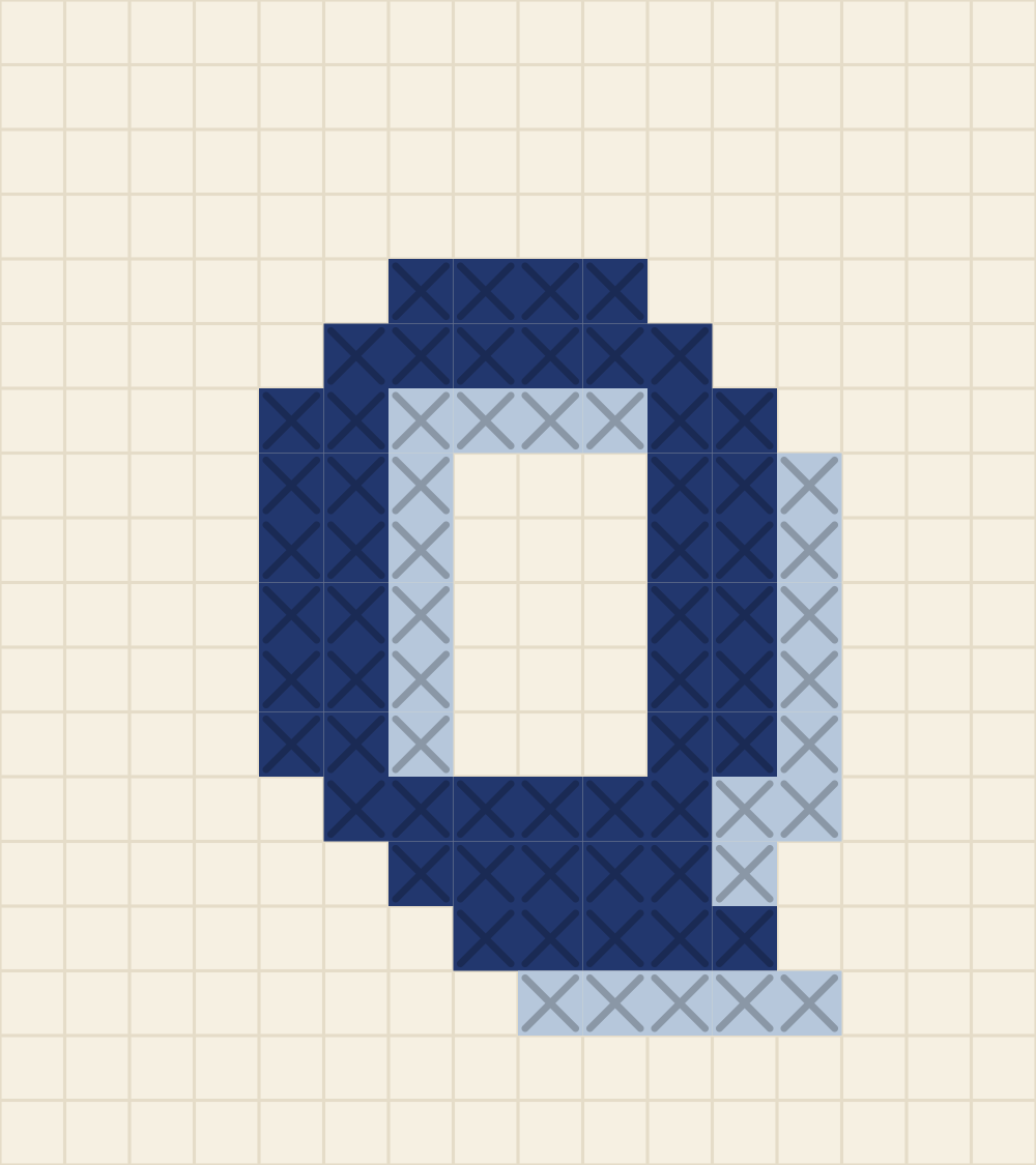 Capital letter Q cross stitch alphabet chart with a ring and a stepped tail