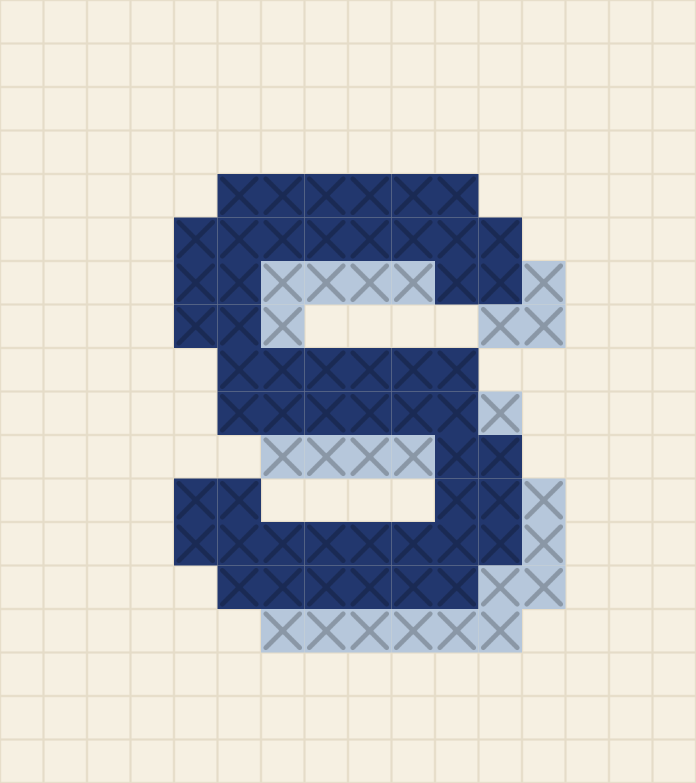 Capital letter S cross stitch alphabet chart with a double curve and a waist bar