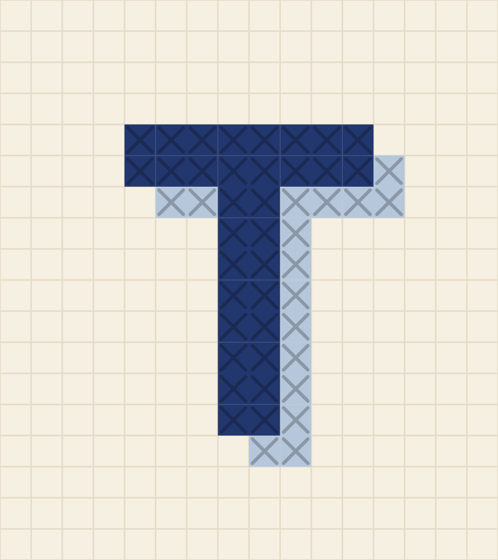 Capital letter T cross stitch alphabet chart with a slab top bar and centred stem