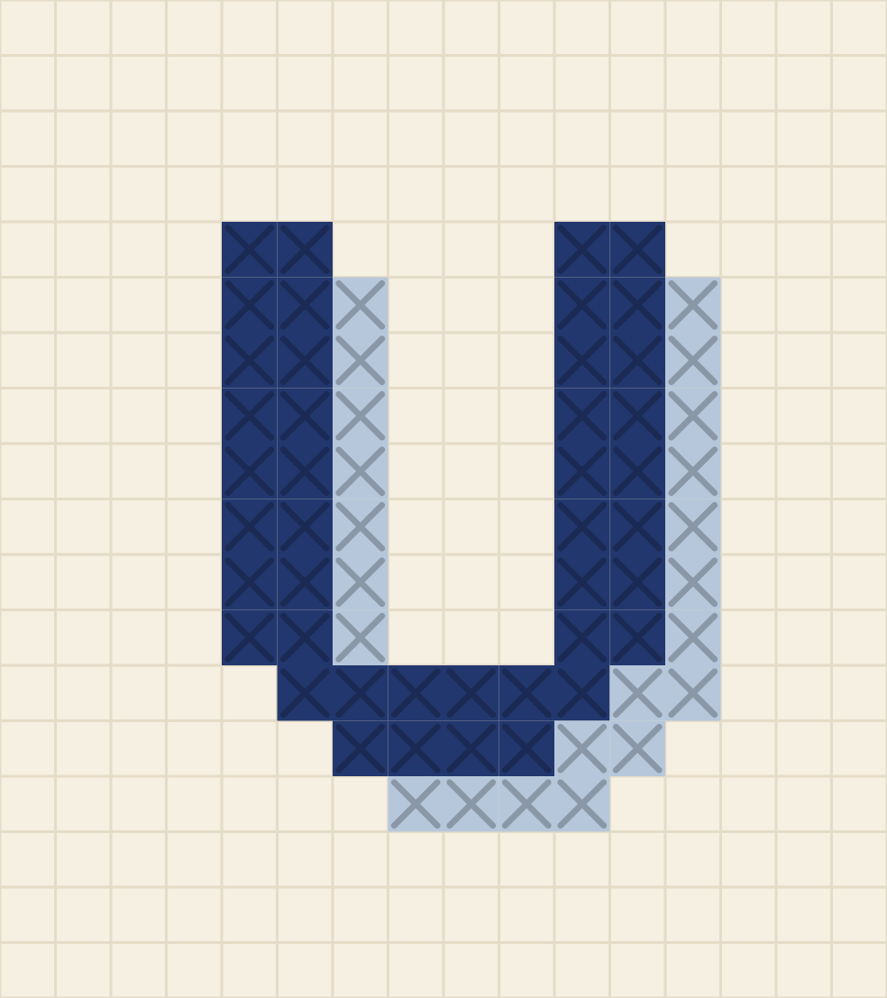 Capital letter U cross stitch alphabet chart with two stems and a rounded foot