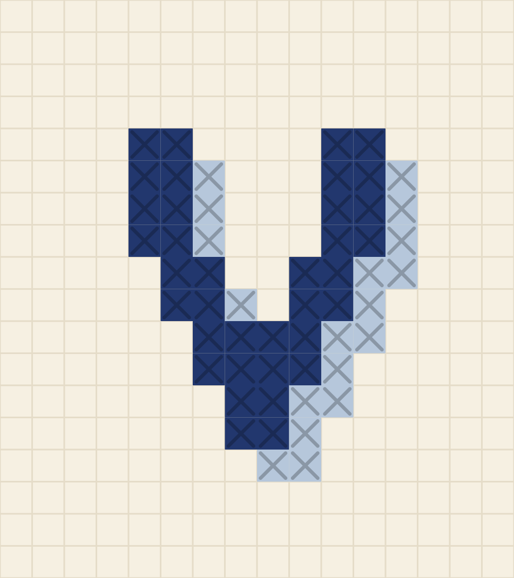 Capital letter V cross stitch alphabet chart with two diagonals meeting in a point