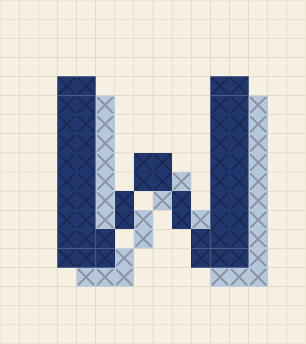 Capital letter W cross stitch alphabet chart, ten stitches wide with an inner peak