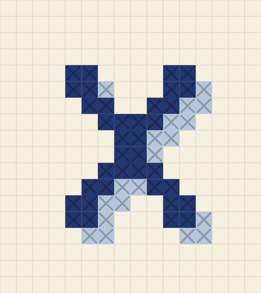 Capital letter X cross stitch alphabet chart with two diagonals crossing at the waist