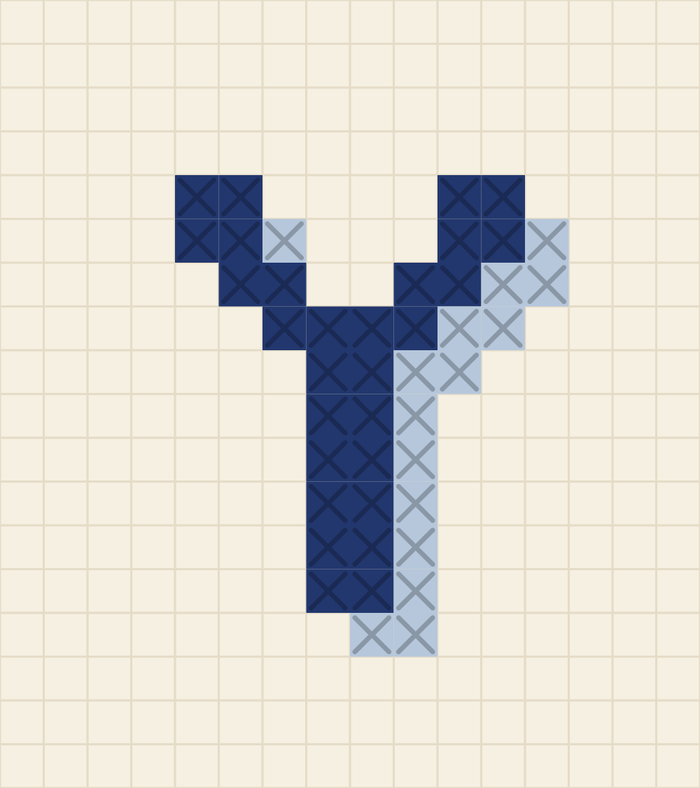 Capital letter Y cross stitch alphabet chart with a fork above a centred stem