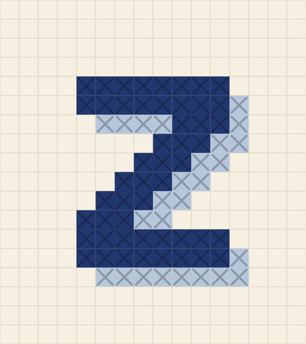 Capital letter Z cross stitch alphabet chart with two slab bars and a wide diagonal