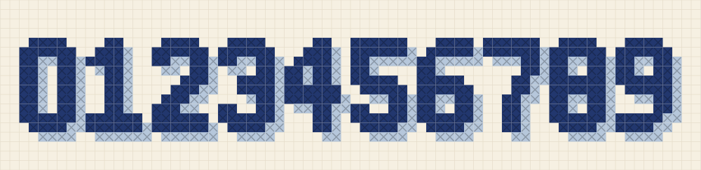 Numbers 0 to 9 cross stitch chart in the same style as the alphabet letters