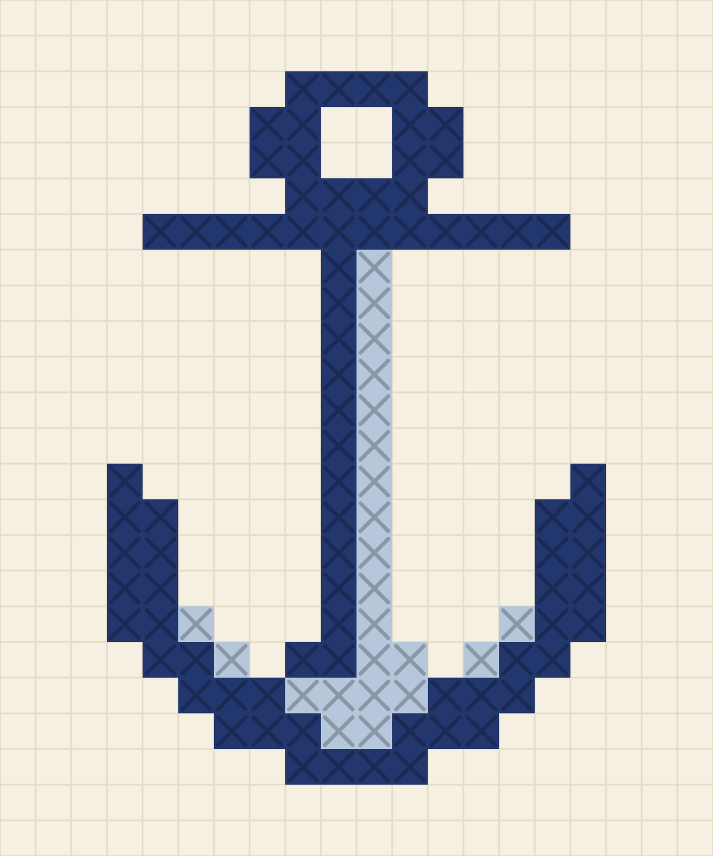 Beginner chart of a ship anchor in navy with a silver blue highlight down the shank
