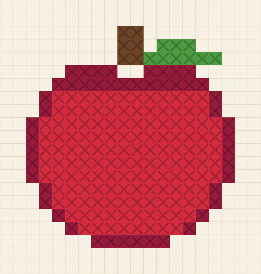 Beginner chart of a round apple with a dipped top, a short brown stem and one green leaf