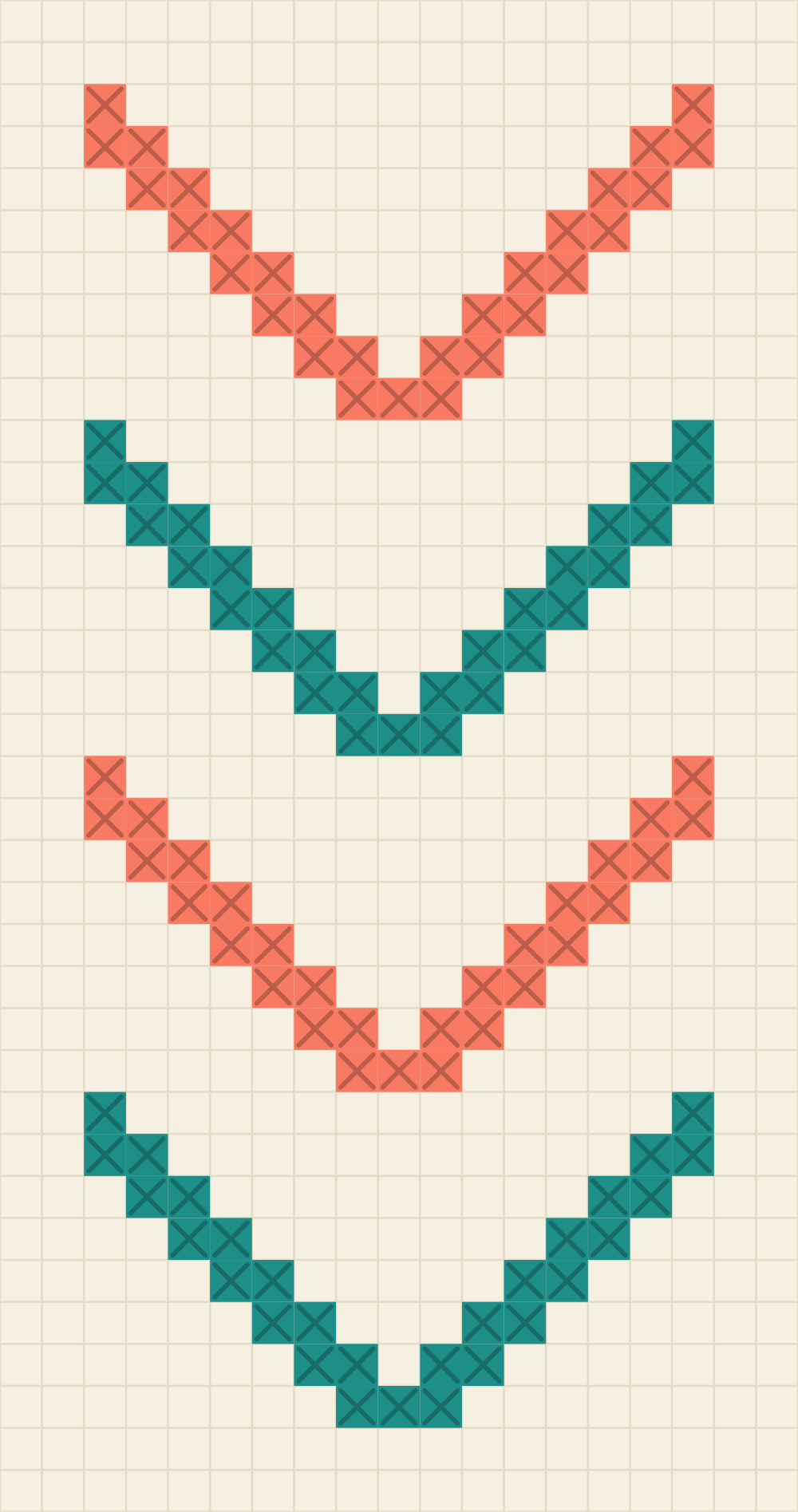Cross stitch bookmark chart of four stacked chevrons pointing down, alternating coral and teal, each drawn two squares thick