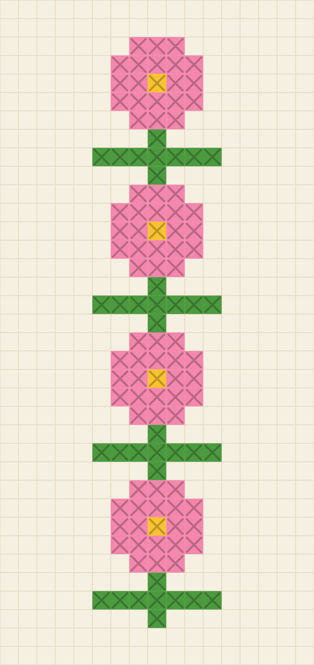 Cross stitch bookmark chart of four bubblegum blossoms with sunflower centres stacked on a green stem with a leaf bar between each one