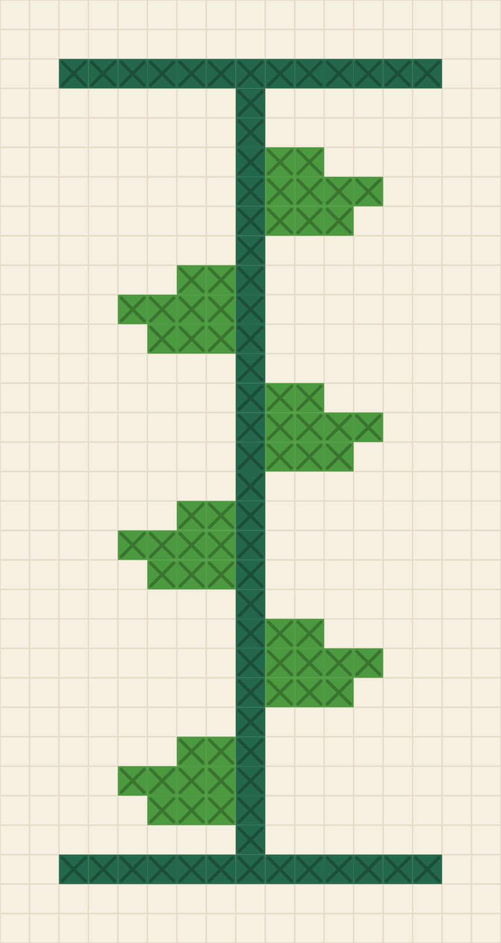 Cross stitch bookmark chart with a pine stem running between two end rails and leaf green leaves alternating left and right