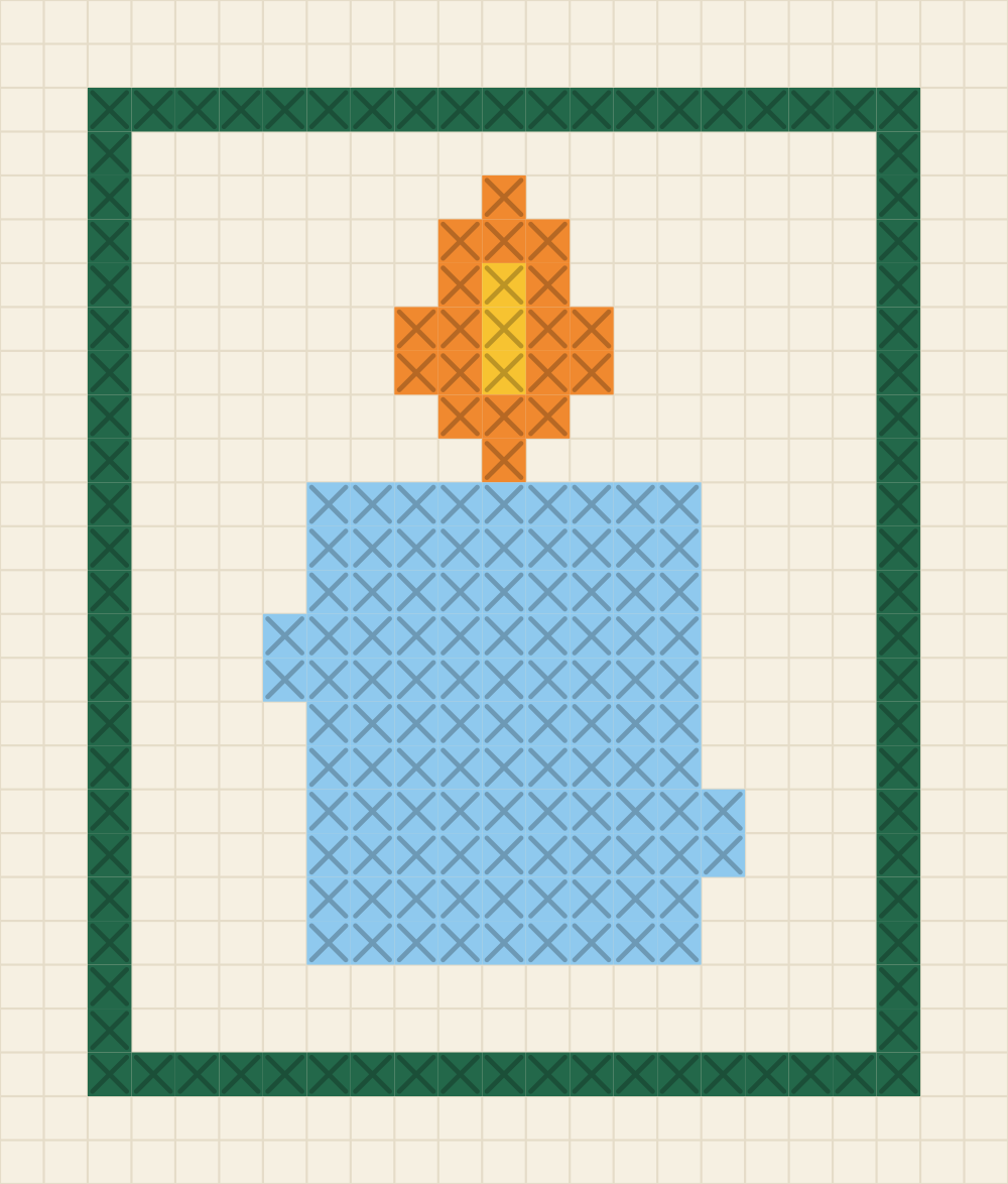 Cross stitch card chart of a sky blue pillar candle with wax drips down both sides and a tangerine flame with a sunflower heart