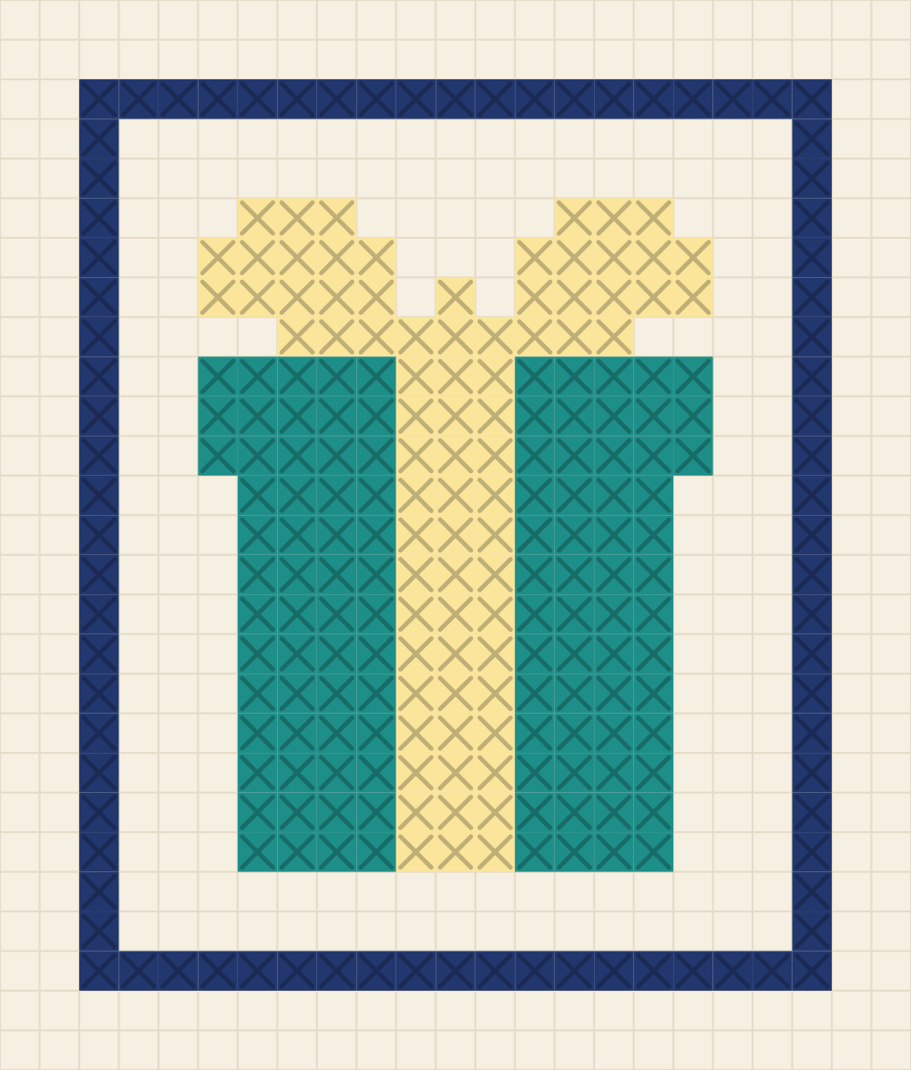 Cross stitch card chart of a teal wrapped gift box with a butter yellow ribbon and two bow loops, framed by a single line navy border