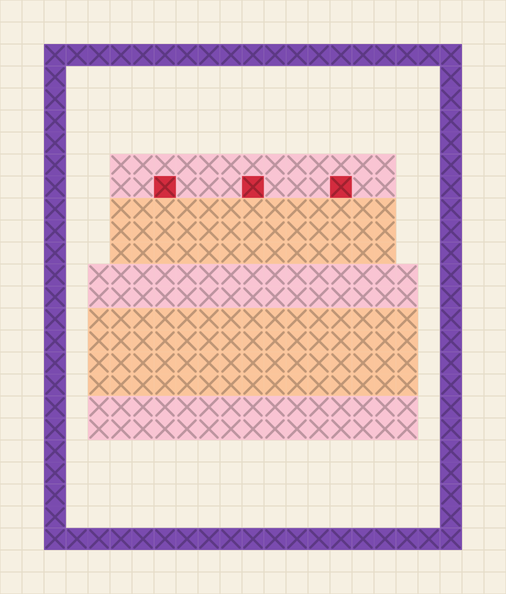 Cross stitch card chart of a two tier cake with peach sponge, blush icing bands and three cherry red dots, inside a grape border