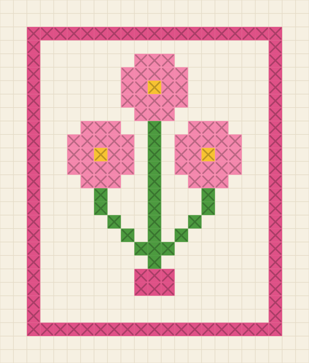 Cross stitch card chart of three bubblegum blossoms on leaf green stems tied with a rose knot, all inside a single line rose border