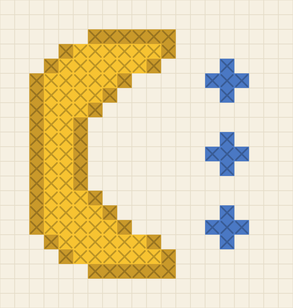 Beginner chart of a crescent moon in yellow with a mustard rim and three small blue stars beside it