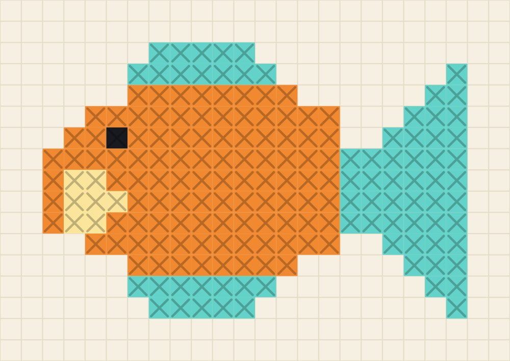 Beginner chart of a fish facing left with a tangerine body, butter belly stripe and aqua fins