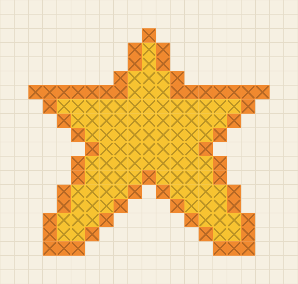 Beginner chart of a five pointed star filled in sunflower yellow with a tangerine edge