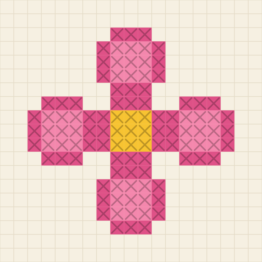Beginner chart of a four petal flower, four separate rounded pink petals ringed in rose around a yellow centre