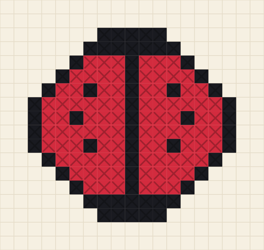 Beginner chart of a ladybird beetle seen from above with a black head, split wing cases and spots