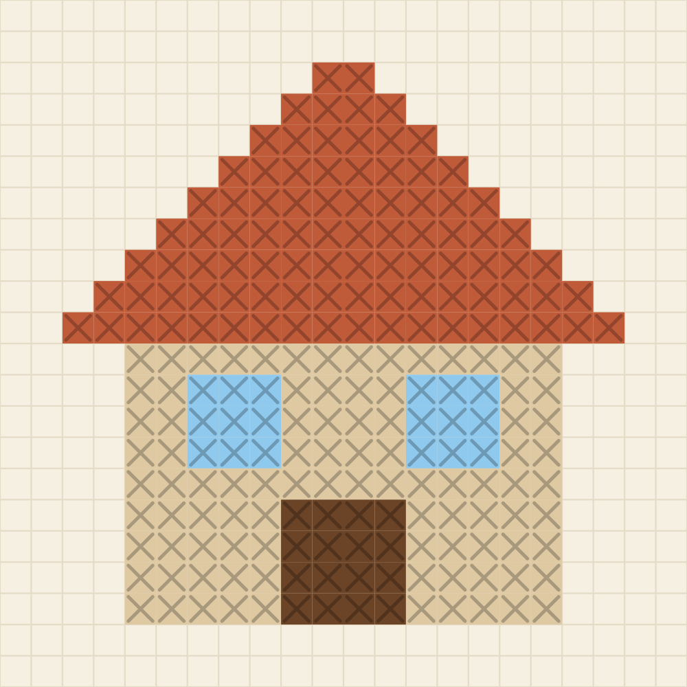 Beginner chart of a small cottage with a steep terracotta roof, two blue windows and a wide door