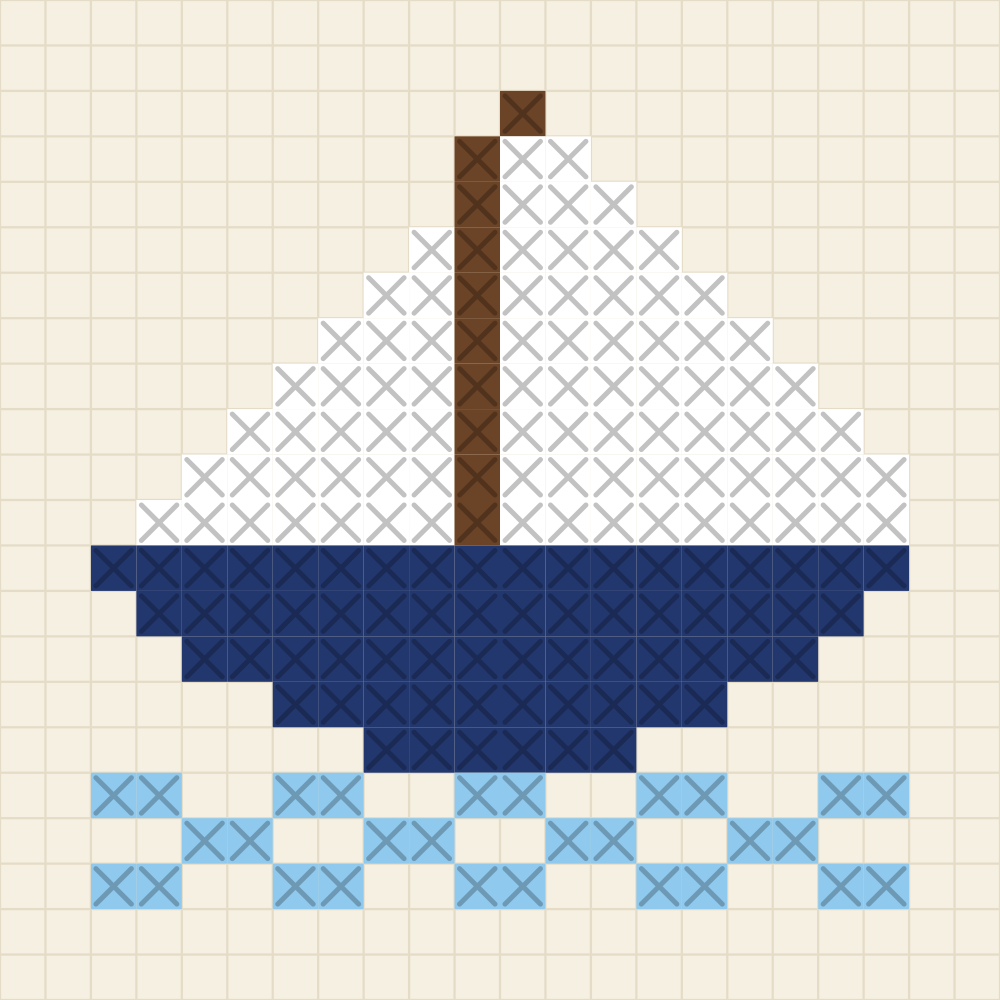 Beginner chart of a sailboat with two white sails on a navy hull above three rows of water