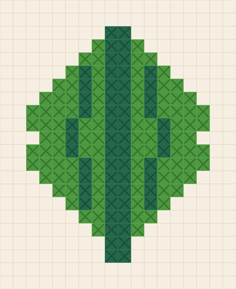 Beginner chart of one pointed leaf with a dark central vein and a short stem