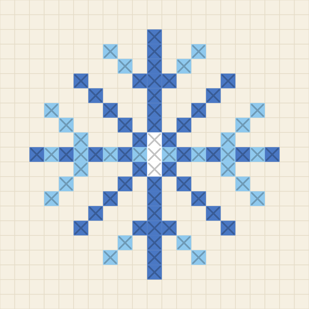 Beginner chart of an eight armed snowflake in cornflower and sky blue with a white centre