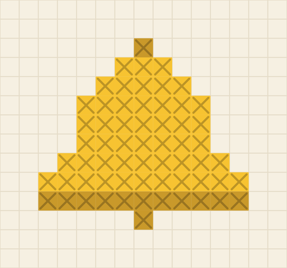 Tiny beginner cross stitch chart of a hand bell with straight sunflower sides, a flared mustard rim and one stitch for the clapper