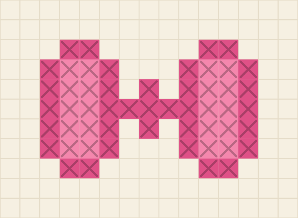 Tiny beginner cross stitch chart of a ribbon bow, two bubblegum loops outlined in rose meeting at a small cross shaped knot