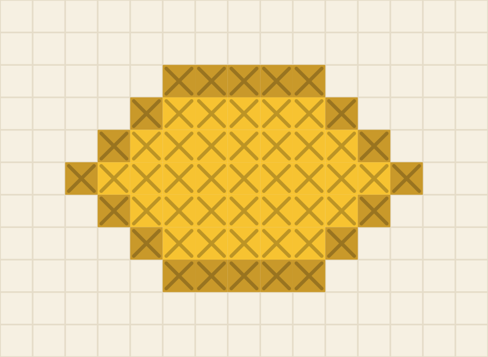 Tiny beginner cross stitch chart of a lemon eleven squares wide, sunflower yellow inside a mustard outline with a point at each end