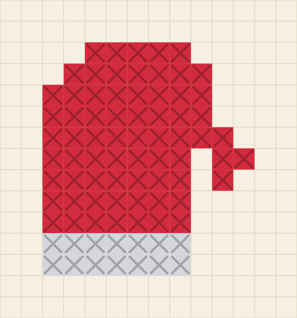 Tiny beginner cross stitch chart of a winter mitten in cherry red with a pearl grey cuff and the thumb split off by a line of bare fabric