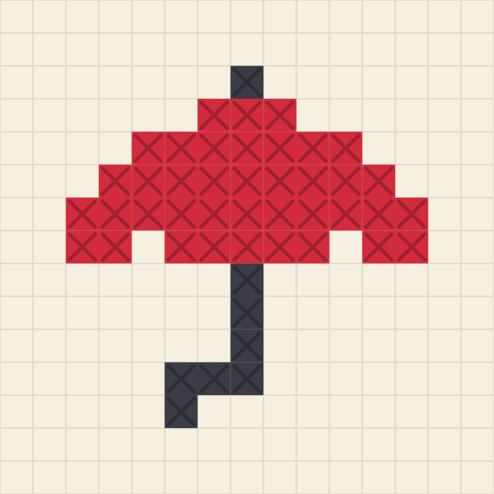 Tiny beginner cross stitch chart of an open umbrella with a scalloped cherry red canopy, a charcoal tip and a hooked handle