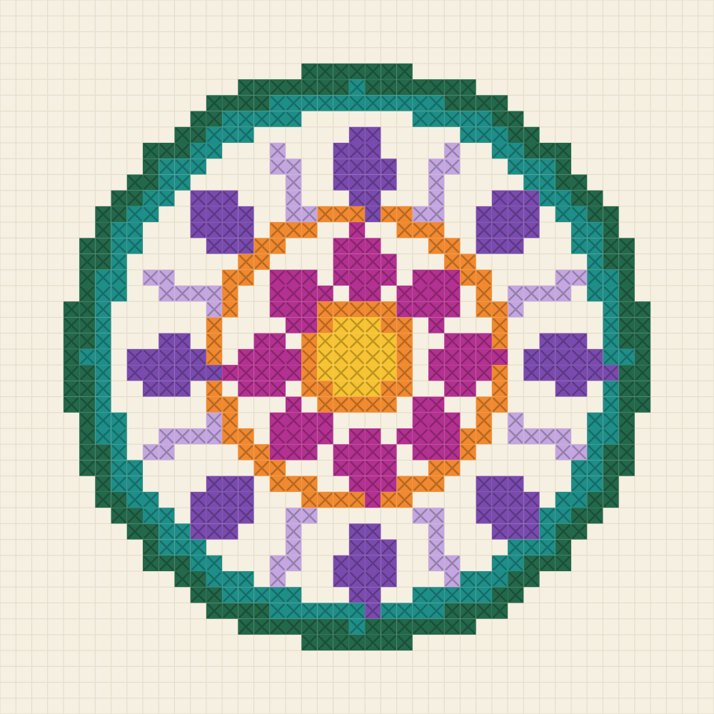 Round cross stitch chart of a mandala with a sunflower hub, magenta petals, grape petals with lilac rays and a green outer rail