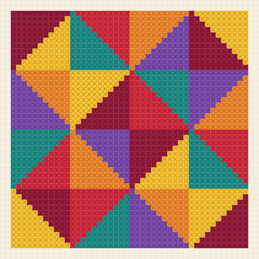 Square cross stitch chart of sixteen blocks, each split corner to corner into two triangles in six saturated colours